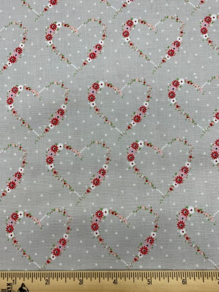 Floral Hearts on a grey background quilting fabric