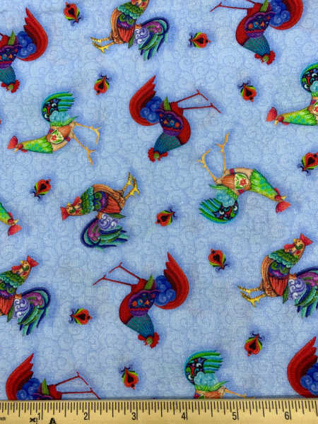 Roosters on Blue Quilting Fabric by Jim Shore from Awaken The Day for Benartex UK