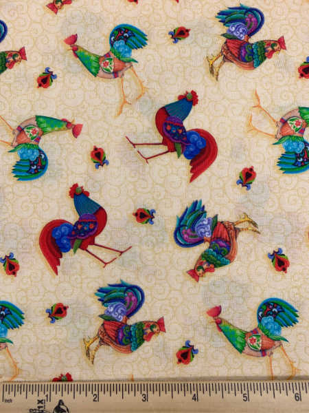 Roosters on Yellow Quilting Fabric by Jim Shore from Awaken The Day for Benartex UK