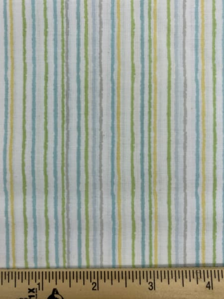 Stripe in Turquoise, Yellow, Green and White Quilting Fabric by Sam McBratney from Guess How Much I Love You for Clothworks