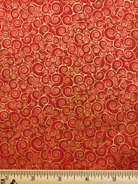 Rhapsody Scroll Quilting Fabric in Red and gold metallic from Makower UK