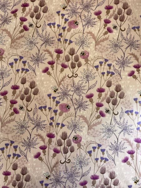Bee and Thistle on pale lavender quilting fabric by Lewis and Irene UK