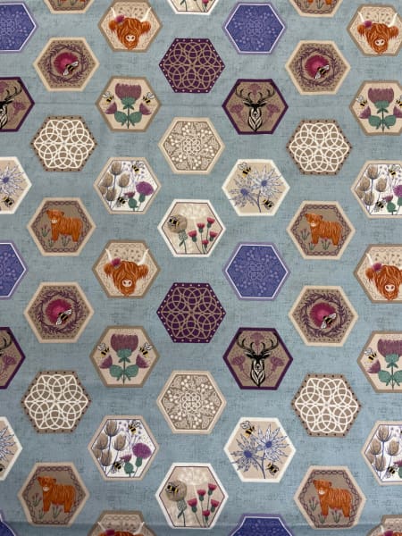Celtic Hexagons on blue quilting fabric by Lewis and Irene UK