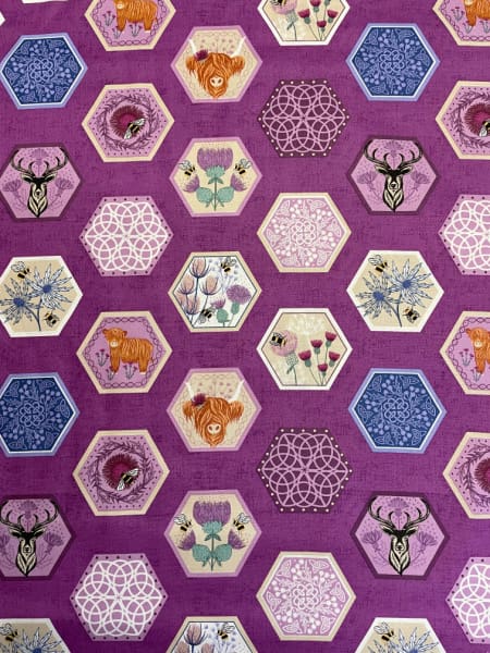 Celtic Hexagons on purple quilting fabric by Lewis and Irene UK