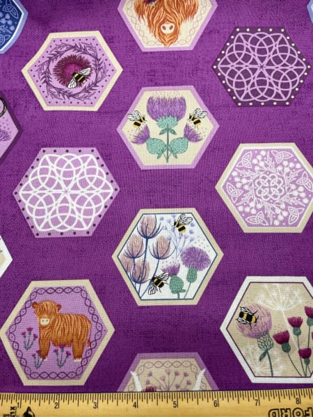Celtic Hexagons on purple quilting fabric by Lewis and Irene