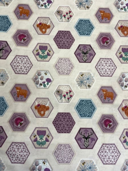 Celtic Hexagons on cream quilting fabric by Lewis and Irene UK