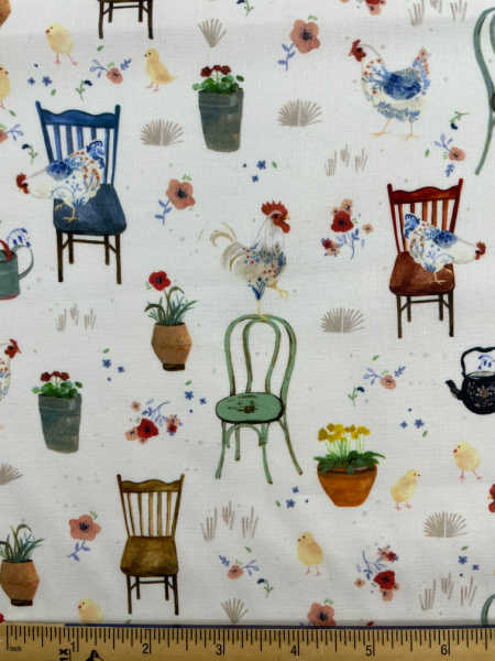 Country Chickens on Chairs quilting fabric by Rachel Grant for Timeless Treasures UK