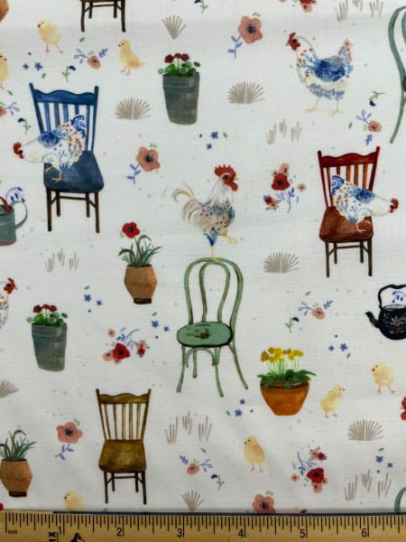 Country Chickens on Chairs quilting fabricby Rachel Grant for Timeless Treasures UK