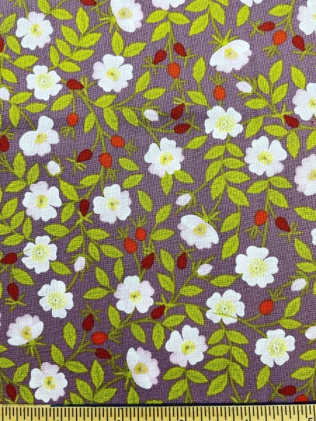 Dog Rose on Soft Brown quilting fabric from Lewis and Irene UK