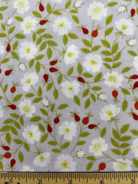 Dog Rose on Warm Grey quilting fabric from Lewis and Irene UK