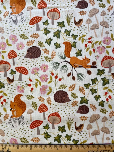 Squirrels and Hedgehogs on Cream quilting fabric from Lewis and Irene UK