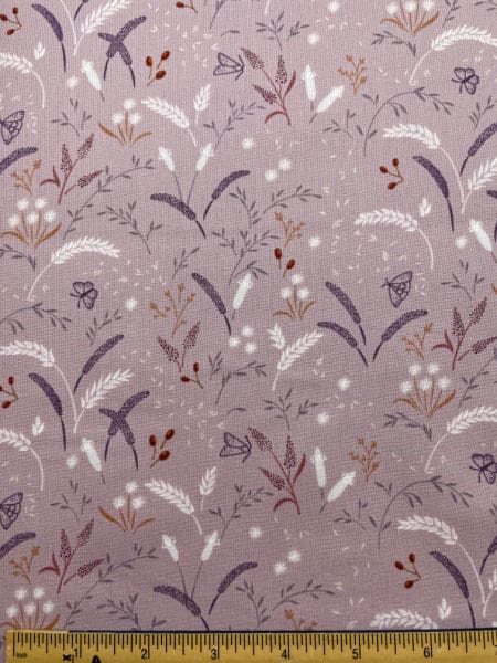 Grassfield Gathering on Light Purple Taupe quilting fabricby Cassandra Connolly from her Meadowside collection by Lewis and Irene UK