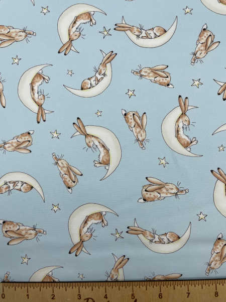 Brown Hare on the Moon Blue quilting fabric from the Guess How Much I Love you Range by Clothworks