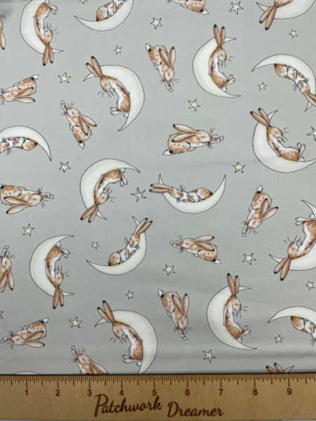 Brown Hare on the Moon grey quilting fabric from the Guess How Much I Love you Range by Clothworks