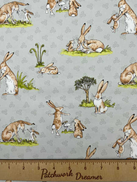 Floral Grey Brown Hare quilting fabric from the Guess How Much I Love you Range by Clothworks