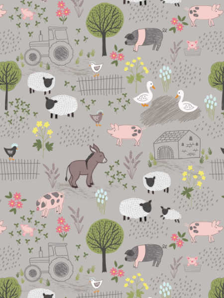 farmyard on mid grey from piggy tales by lewis and irene UK
