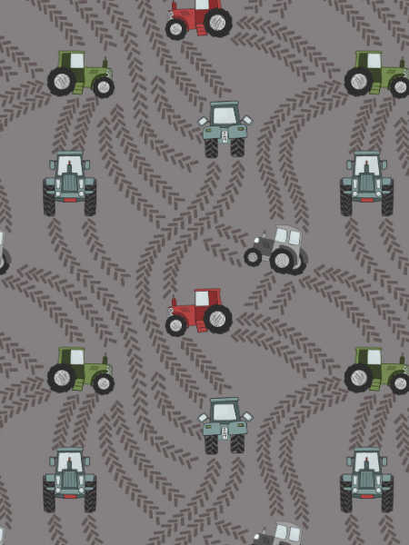 tractor trails on muddy grey quilting fabric from Piggy Tales by Lewis and Irene UK