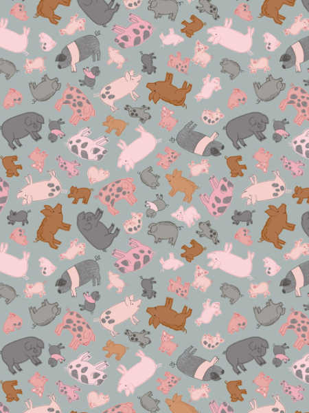 piggies on grey quilting fabric from Piggy Tales by Lewis and Irene UK