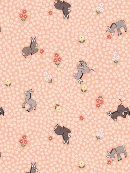 dinky donkey on peach quilting fabric from Piggy Tales by Lewis and Irene UK