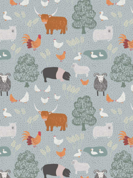 Country life on grey quilting fabric from Country Life Reloved by Lewis and Irene