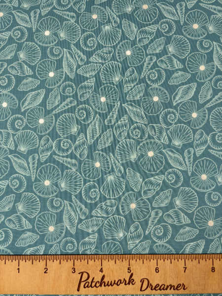 Pearl shells on turquoise with pearl quilting fabric from Ocean Pearls by Lewis and Irene UK