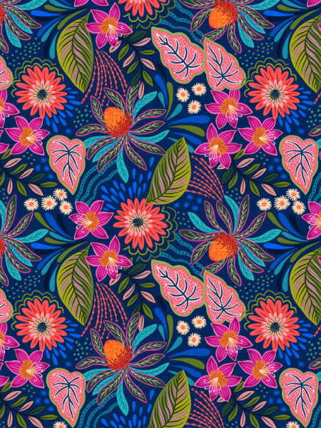 Bahia flora on dark blue quilting fabric from Lewis and Irene UK
