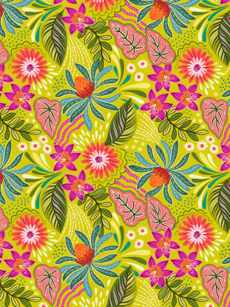 Bahia flora on plantain green quilting fabric from Lewis and Irene UK