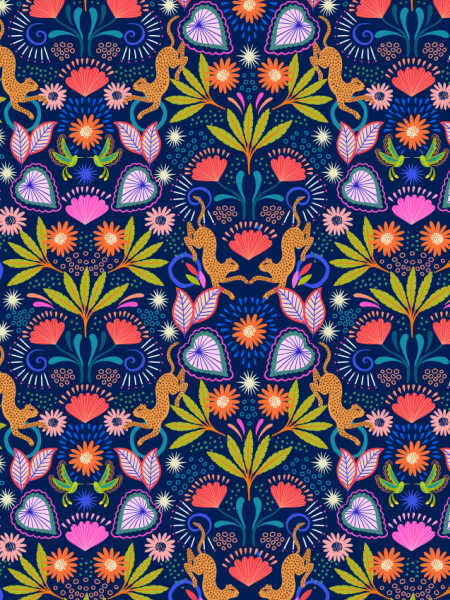 Mirrored jaguar on dark blue quilting fabric from Bahia by Lewis and Irene UK