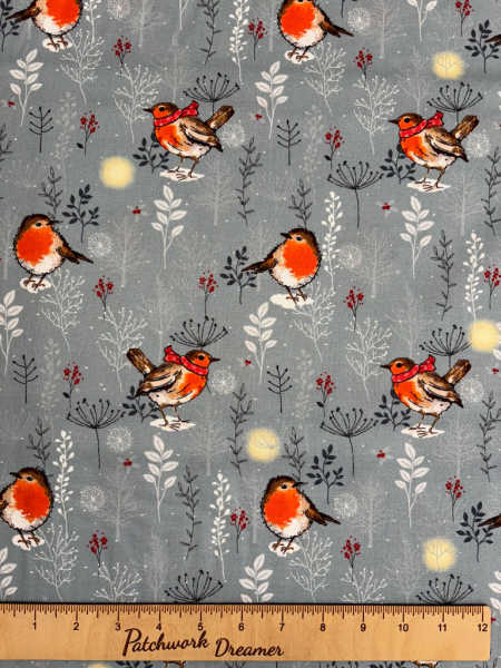 Winter Moon Robins Quilting Fabric by Susan Wheeler Designs for Nutex uk