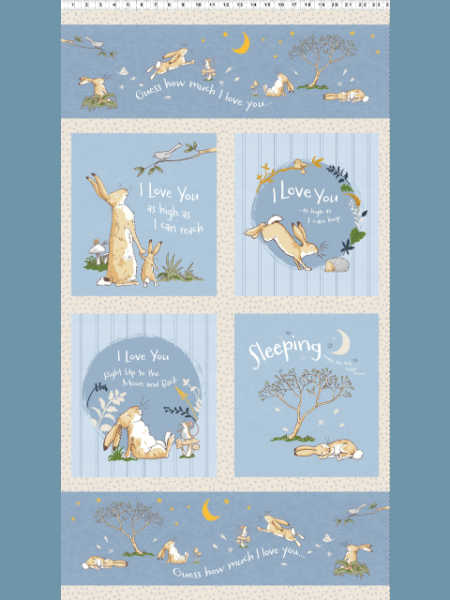 Guess How Much I Love You quilting panel in blue from Clothworks UK