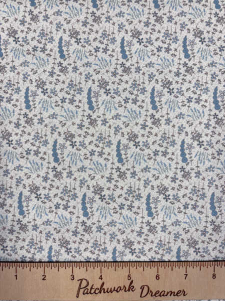 Ditsy flowers in blues and taupe's on a cream background quilting fabric from Something Borrowed Something Blue 2 from Lynette Anderson for Nutex UK