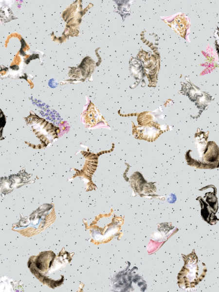 Tossed cats on grey quilting fabric by Hannah Dale of Wrendale Designs for Maywood Studio UK