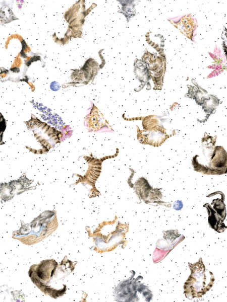 Tossed Cats on White quilting fabric by Hannah Dale of Wrendale Designs for Maywood Studio UK