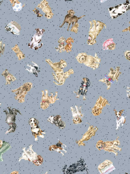 Tossed Dogs Medium Blue quilting fabric by Hannah Dale of Wrendale Designs for Maywood Studio UK