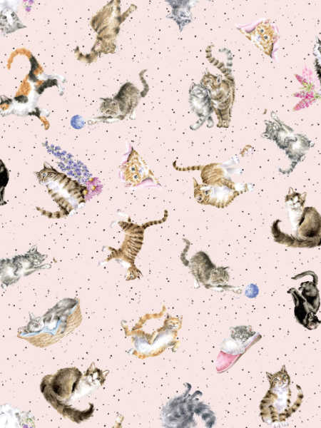 Tossed cats on pale grey quilting fabric by Hannah Dale of Wrendale Designs for Maywood Studio UK