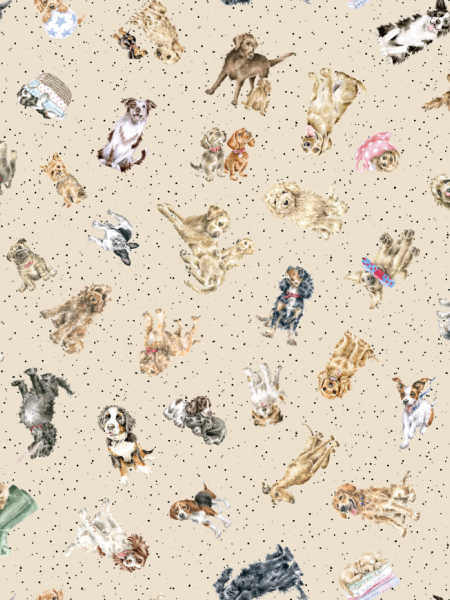 Tossed dogs Cream quilting fabric by Hannah Dale of Wrendale Designs for Maywood Studio UK