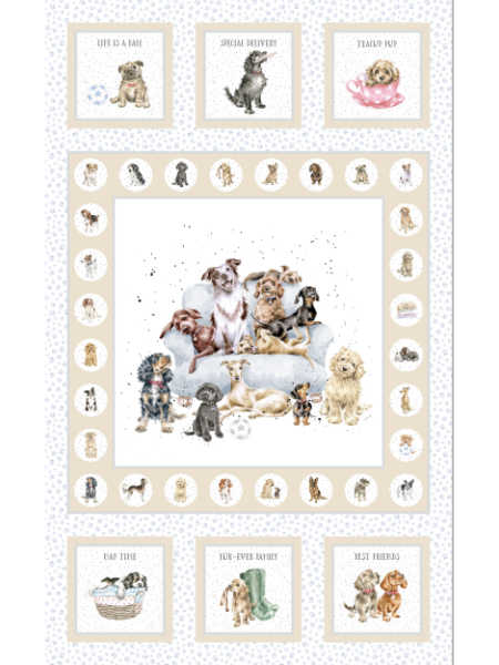 Whiskers & Paws dogs Panel quilting fabric by Hannah Dale of Wrendale Designs for Maywood Studio UK