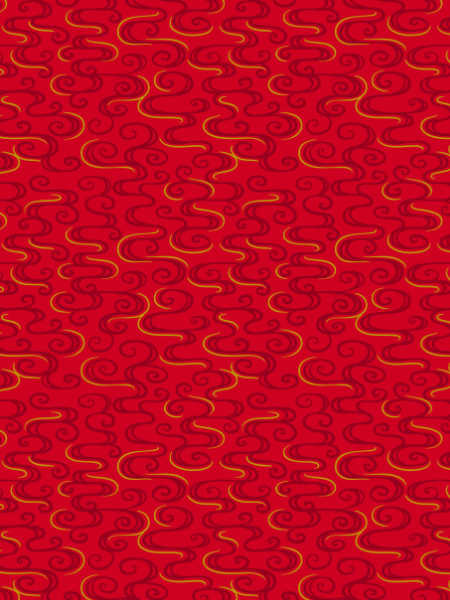 Red and gold curls on a plain red background from Year of the dragon by Lewis and Irene UK