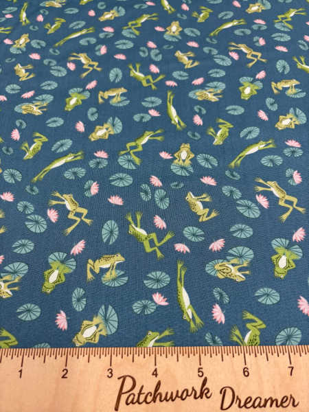 Frogs on blue lake quilting fabric from On The Lake by Lewis and Irene UK