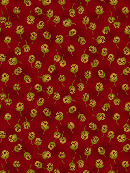 “Henry Glass, Kim Diehl Baubles and Balsam fabric – red background with scattered golden dandelion orb pattern, 100% cotton quilting fabric
