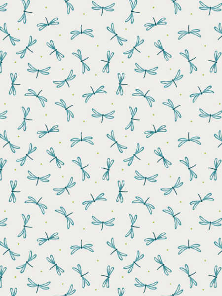 On the Lake fabric by Lewis & Irene – cream background with teal dragonflies and dot accents, 110cm wide.