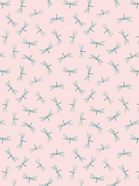 On the Lake fabric by Lewis & Irene UK– pink background with teal dragonflies and dot accents, 110cm wide.