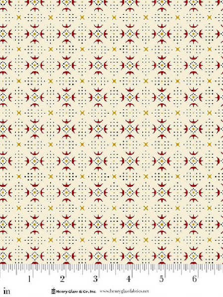 Chicken Tracks in Cream quilting fabric by Kim Diehl for Henry Glass UK, with red, yellow, and black motifs on a cream background.