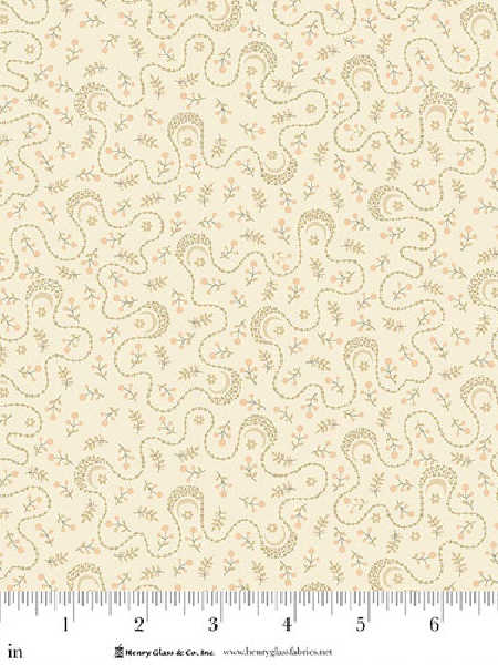 Penny Blossoms in Cream quilting fabric by Kim Diehl for Henry Glass, featuring delicate green and peach floral vines on a cream background.