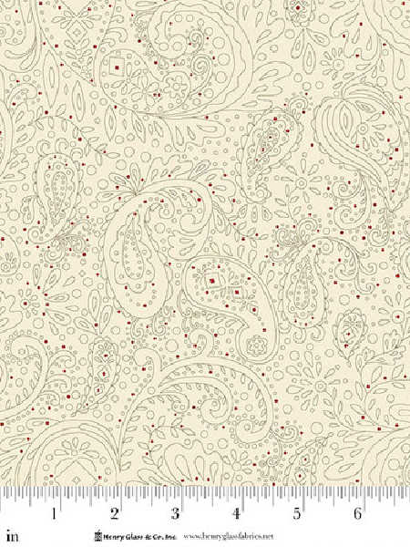 Meandering Paisley in Cream quilting fabric by Kim Diehl for Henry Glass UK, featuring neutral paisley motifs with red accents on a cream background.
