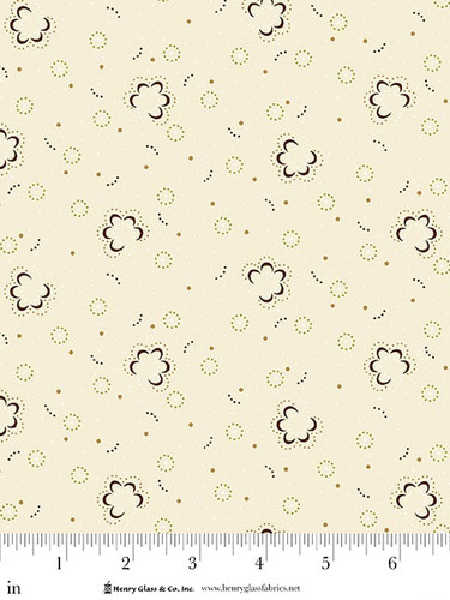 Posh Posies in Cream quilting fabric by Kim Diehl for Henry Glass UK, featuring dainty brown flowers and green dotted circles on a cream background.