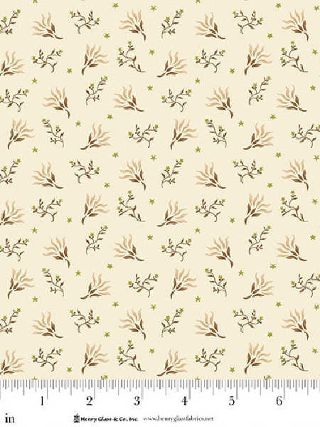 Stars and Sprigs in Cream quilting fabric by Kim Diehl for Henry Glass UK, featuring brown floral sprigs and green stars on a cream background.