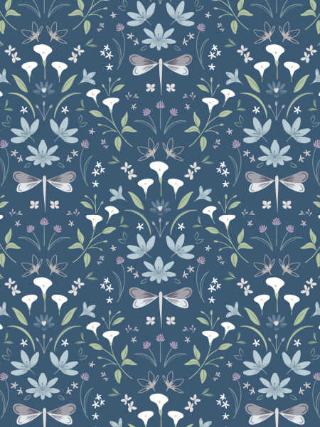 Lewis & Irene UK Water Garden fabric, blue cotton with dragonflies, white lilies, blossoms, and green leaves in a repeating water garden design