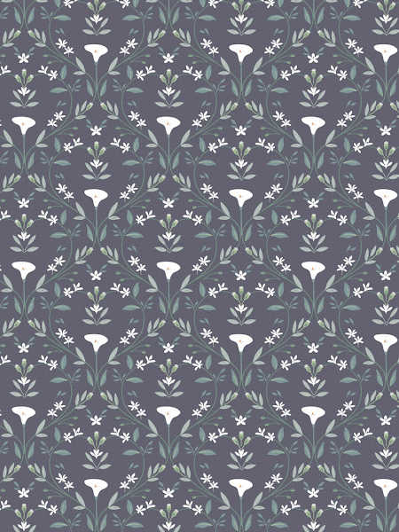 Lewis & Irene UK Water Garden fabric, grey cotton with white lilies, small blossoms, and green leaves in a repeating floral design