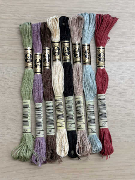 DMC thread pack for Garden Gnome Needlebook and Scissor Keeper pattern, 8 skeins converted from Valdani colours.